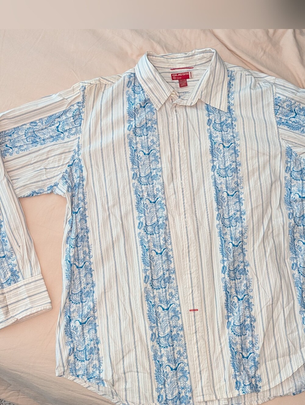 Vintage 2000s  Guess Cream And Blue Detail Button Up, Men's 2XL